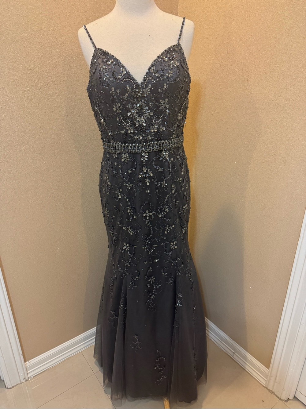 Beaded Charcoal Spaghetti-Strap Evening Gown